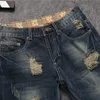 new Men Ripped Denim Trousers Fi Casual Jeans Regular Fit Straight Pants Vintage Dark Blue Color Male Plus Size L74D#