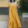 Festklänningar kvinnor sommar överdimensionerad bomullslinne maxi casual kort ärm vestidos mujer fyrkantig krage loungue robe femme
