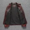 Veste de moto en cuir de vachette de couche supérieure rétro, costume de cyclisme en cuir marron rougeâtre pour hommes, manteau court mince p2uh #