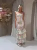 Casual Dresses Elegant Gaze Layered Patchwork Lång klänning för kvinnor Fashion Löstagbar kjol Hem Bow Pets Up Strap Lady Commute Robes
