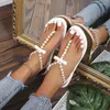 Sandaler Summer Women Plat Clip-Toe Pearl String Plus Size Shoes 43 Trendy Beach Pink Slip-On Flats