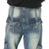 Jeans pour hommes Zipper Coton Coréen Lâche High Street Casual Droite 2024 Printemps Mode Rétro Plusieurs Poches Devise