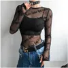 T-shirt Femme Femmes T-shirts Dentelle Transparente À Manches Longues Top T-shirts Y Dames Sheer O-Cou Tops Noir Lettre Impression Transparent Pers Dhqeb