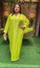 Ethnic Clothing Polyester African Dresses For Women Summer Elegant Long Sleeve V-neck White Purple Green Dress Muslim Abaya