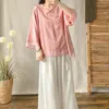 Etnische kleding 2024 Chinese vrouwen Tweedelige Retro Dagelijkse set Verbeterde Hanfu Zen V-hals blouse Chiffon top Losse wijde pijpen broekpak W286