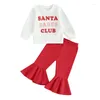 Комплекты одежды для маленьких девочек, осенние наряды, свитшоты с круглым вырезом и буквенным принтом Санта-Клауса, брюки-клеш, комплект рождественской одежды из 2 предметов