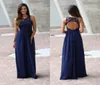 2019 Navy Blue Lace Top Bridesmaid Dresses Juvel Neck Backless Chiffon Illusion Golvlängd Lång Junior Bröllop Gästklänning Custo8011493