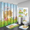 Curtains Funny Cartoon Rabbit Waterproof Bath Curtain Easter Series Bath Mat Set Polyester Toilet Rugs Antislip EcoFriendly Carpets