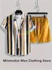 Nouveau Fi Hawaiian Strip Print Shirt Set manches courtes Butt Streetwear Summer Casual Shirt Beach Deux pièces Tenues Hommes Ensembles 06qq #