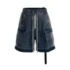 Jeans masculinos high street vintage hip hop curto streetwear retro carga denim shorts com bolsos lavados cintura elástica