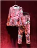 Европейская и американская женская одежда 2023, осенняя новинка, костюм с длинными рукавами, воротник, розовая куртка с принтом, девятые брюки, модный костюм