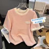 Damen-T-Shirts, französischer Stil, süßes T-Shirt mit kurzen Ärmeln, Damen-Sommer-Rosa-Eis-Seidenstoff, gestrickte Tops, Perlendekoration, schlicht, elegant