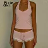 Kvinnors spårsättningar Pixiekiki Girly Y2K Pink 2 Piece Outfits For Womens Halter Top och Lace Trim Booty Shorts Summer Kawaii Clothes P71-BG13