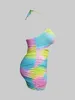 LW Plus Size Tiedye Backless Ruched Mini Dress Full Print Rainbow Sleeveless Pierced Halter Pressed Pleat Streetwear Skinny 240312