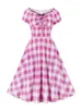 Party Dresses Drawstring Sweetheart Neck Pink Plaid Print Vintage 2024 Summer Women Vacation Prom Birthday 50s 60s Retro Dress