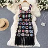 Casual Dresses Women Tassel Hem Sleeveless Knee Length Holiday Tank Robe BOHO Hand Made Crochet Contrast Color Plaid Sling Dress