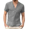 Summer Fi Cott Linen Casual T-shirts Casual Male Short Sleeve V-krage Betydande herrtee-butt-up T S-5XL 33B5#