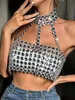 Sexy y2k halter metal sequin corset crop top women Summer luxury beach party tank top see through shiny night club outfits tops240327