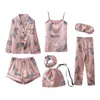 Pękama damski 7 sztuk PJS Różowe zestaw piżamowy satynowy jedwabny pasek bielizny domowej odzieży domowej Pijamas dla kobiety240327