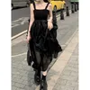 Celebrity Matching Black Suspender Dress Summer New Mesh Patchwork Slimming Puffy Skirt Mid Length