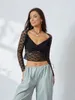 Kvinnors T -skjortor Hzdazrl Women s Lace Mesh Topps Sexig V Neck Lång ärm Slim Fit Y2K E Gril Bluses Top Clubwear Streetwear