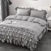 Bedding Sets Nordic Lace Border Solid Color Set Bowknot Girl Cute Princess Style Cotton Bed Sheet Quilt Cover Pillowcase