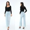 Jeans da donna IOO 2024 TOTE Pantaloni svasati larghi sottili Azzurro a vita alta in cotone con cuciture intrecciate Denim di alta qualità