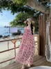 캐주얼 드레스 여성 핑크 프린트 등이없는 느슨한 슬립 긴 드레스 섹시한 슬립 슬립 여름 여름 슬림 우아한 선 드레스 숙녀 보호 프랑스어