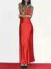 TRAFZA Damen Spaghettiträger, V-Ausschnitt, rückenfreies Kleid, Rot, sexy, lange Satin-Kleider, modisch, ärmellos, elegant, Party 240322