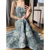 Gidyq Elegant Floral Dres Sexig ärmlös rand Midi -klänning Korean Casual Slimming Midjeparti Camisole Summer 240321