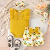 Kläder sätter fokusnorm 3 st härliga baby flickor sommarkläder set ärmlös frill trim ribbad romper blommor/leopard tryck shorts båge