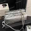 All Silver Shiny Leather Ladies Designer Shoulder Bag Classic Flap Two Size Silver Ball Adjustable Chain Quilted Diamond Luxury Wallet Cross Body Handbag 20x14cm