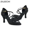 Dansskor Dileechi Kvinnors latin Salsa Black Bronze Satin flätad band Square Ballroom Dancing 7,5 cm Hgith Heel