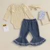 Set di abbigliamento bambine outfit da 3 pezzi Outfit in pizzo patchwork figora e elastico pantaloni svasati pantaloni scrupoli set di vestiti autunnali