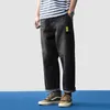 Mäns jeans japanska knäplåster lös rak bf stil bred ben skateboard byxor mörkblå retro