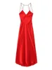 TRAFZA Damen Spaghettiträger, V-Ausschnitt, rückenfreies Kleid, Rot, sexy, lange Satin-Kleider, modisch, ärmellos, elegant, Party 240322