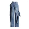 Kadınlar kot retro caddesi yıkanmış sıradan pantolonlar kadın 2024 bahar tasarım duyu dikişli kayışlarla yüksek bel düz pantolon