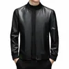 new Men's Busin Gentleman British Style Solid Color Windproof Casual Fi Stand Collar Sheepskin Jacket Leather Jacket s3mf#