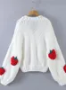 Szydełka z nadrukiem truskawkowym w stylu koreański luźny sweter z dzianinem żeńska moda mody casual v szyi tops 240311