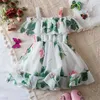 Flickans klänningar Baby Girls Floral Print Ruffled Cold Shoulder Chiffon Dress Summer nyfödda spädbarnskläder flickor barn strand semestertryck klänning yq240327