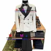 Fi Busin Work Man Suit Double Bechrested Men Wedding Suit Groom Slim Black Lapel White Blazer Pants 2 Pieces Traje Hombre M7ZJ＃