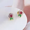 Stud Earrings European And American Style Fashion Trend Sweet Color Gem Flowers Green Leaf Female