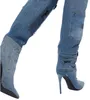 2023 Donna Donna Vera pelle Tacchi alti Saccheggio con punta Bottone Cowboy Stivali lunghi Matrimonio Denim Jeans Abito Gladiatore Casual Le tasche della passerella Piega le scarpe taglia 34-43