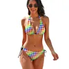 Conjunto de biquíni feminino rosa houndstooth arte novidade maiô push up design ajustável biquinis femininos roupas de praia