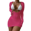 Costume da bagno da donna 3 pezzi/set Costume da bagno bikini Copricostume a tre punti maniche lunghe Lady Beach Costume da bagno scollato magro elastico trasparente