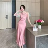 Casual Dresses Summer Sexy Backless Satin Midi For Women 2024 Elegant Party Sleeveless Vintage Robe Female Prom Clothes