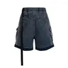 Jeans masculinos high street vintage hip hop curto streetwear retro carga denim shorts com bolsos lavados cintura elástica