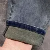 Högkvalitativa män jeans designer byxor män smal liten rak bomull casual denim byxor modea triangel logotyp brev grafiska denims byxor