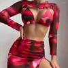 Women's Swimwear 2024 European And American Printed Bikini Three-piece Swimsuit Long-sleeved Smock Beach Swimming Suit