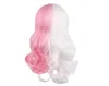 Anime danganronpa monomi kvinnor lång lockig peruk cosplay kostym dangan ronpa vit rosa mix syntetiskt hår halloween fest wigs827581249753